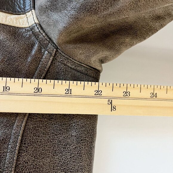 Roundtree & Yorke Brown Leather Striped Jacket Racing Biker Pockets Size Medium - Picture 6 of 7